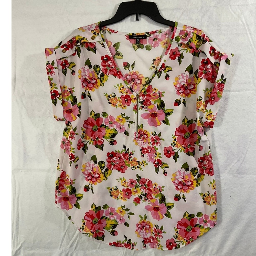 New Glory Floral Blouse Womens XL Multi Color Zipper V-Neck Short Sleeve Top